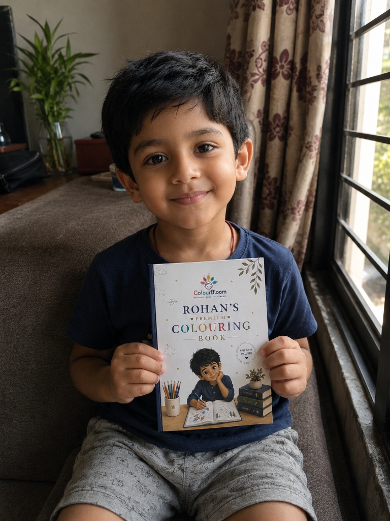 Rohan holding his premium personalised colouring book
